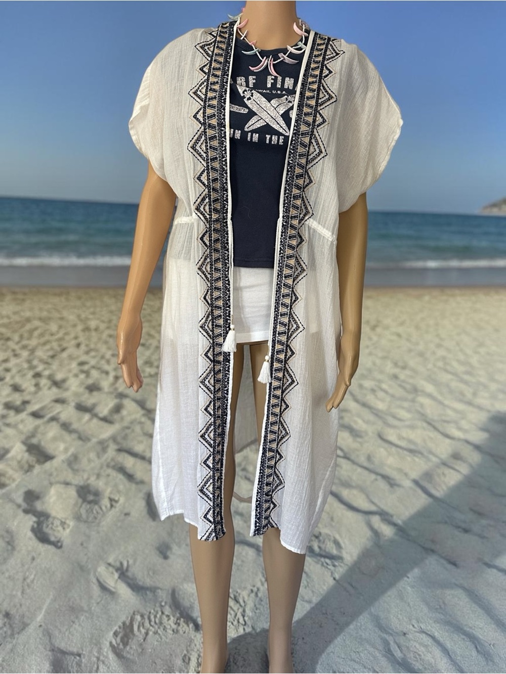 Merona White Embroidered Open Kimono with Navy Trim